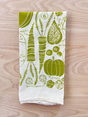 flour sack tea towel . fruit + veggies