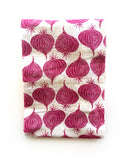 flour sack tea towel . red onions